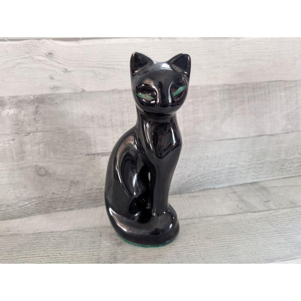 Vintage Black Ceramic Cat Figurine With Green Eyes
